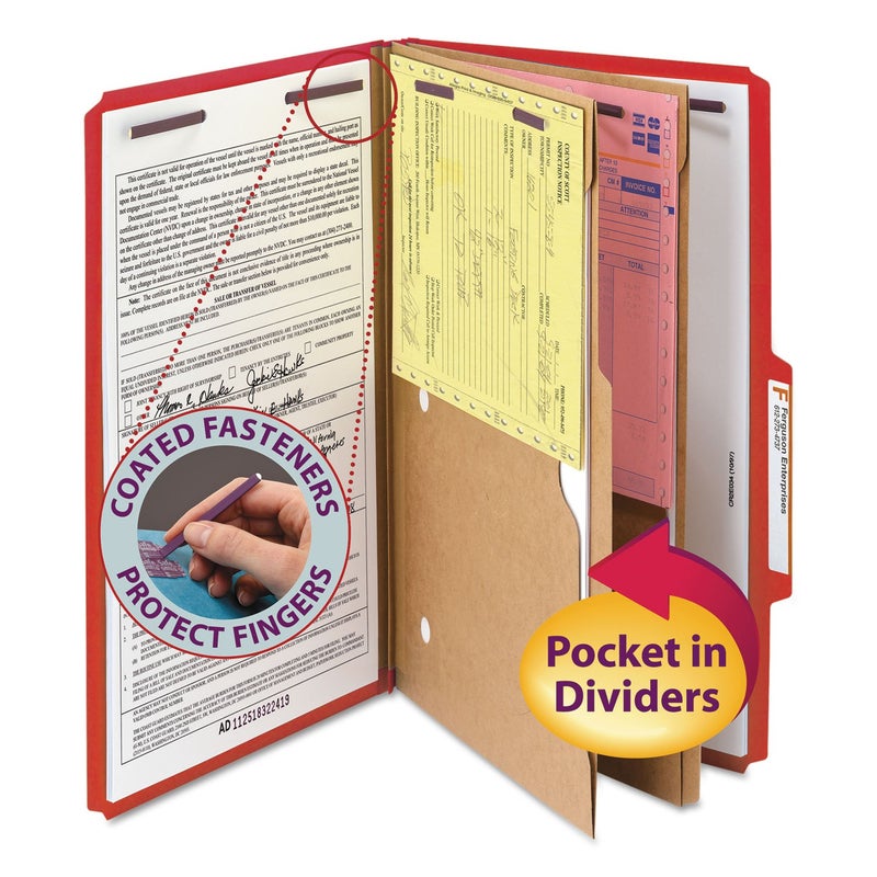 Smead Pressboard Classification File Folder with SafeSHIELD Fasteners, 2 Pocket Dividers, 2" Expansion, Legal Size, Bright Red, 10 per Box (19082) - Image 1